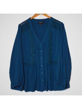 Lane Bryant Swiss Dot Floral Lace Button Front Baby Doll Top Teal Blue Boho 16